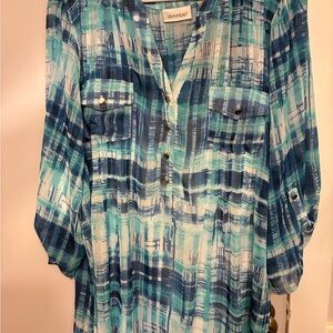 Avenue Teal and Navy Patterned Blouse